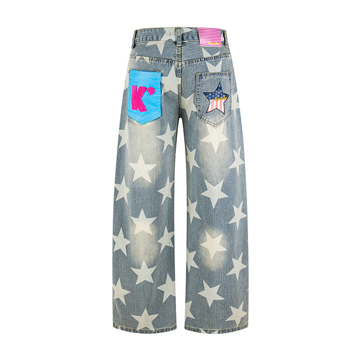 Damen Weite Hochbund-Culotte-Jeans mit hoher Taille und Allover-Sterneprint Drune