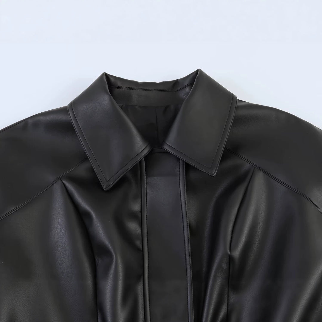 Damen Kurze Kunstlederjacke mit Taillengürtel und Oversized-Ärmeln Drune