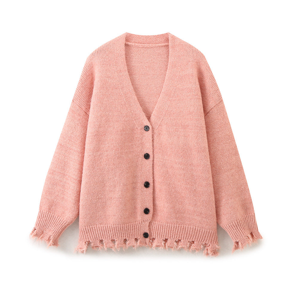 Damen lässige Strickjacke mit fransigem Saum und knöpfbarem Verschluss Drune