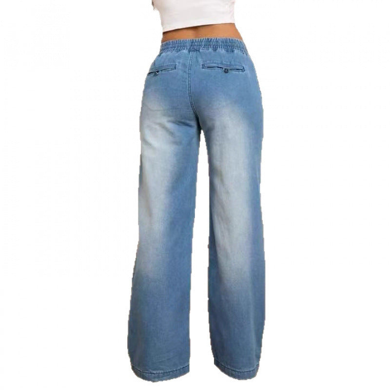 Damen weite Denim-Hose mit elastischem Bund und seitlichen Taschen Drune