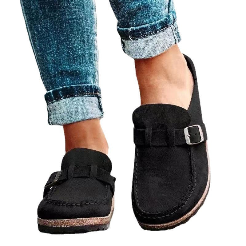 Damen Veloursleder-Slipper mit ergonomischer Korksohle und verstellbarem Schnallenriemen Drune