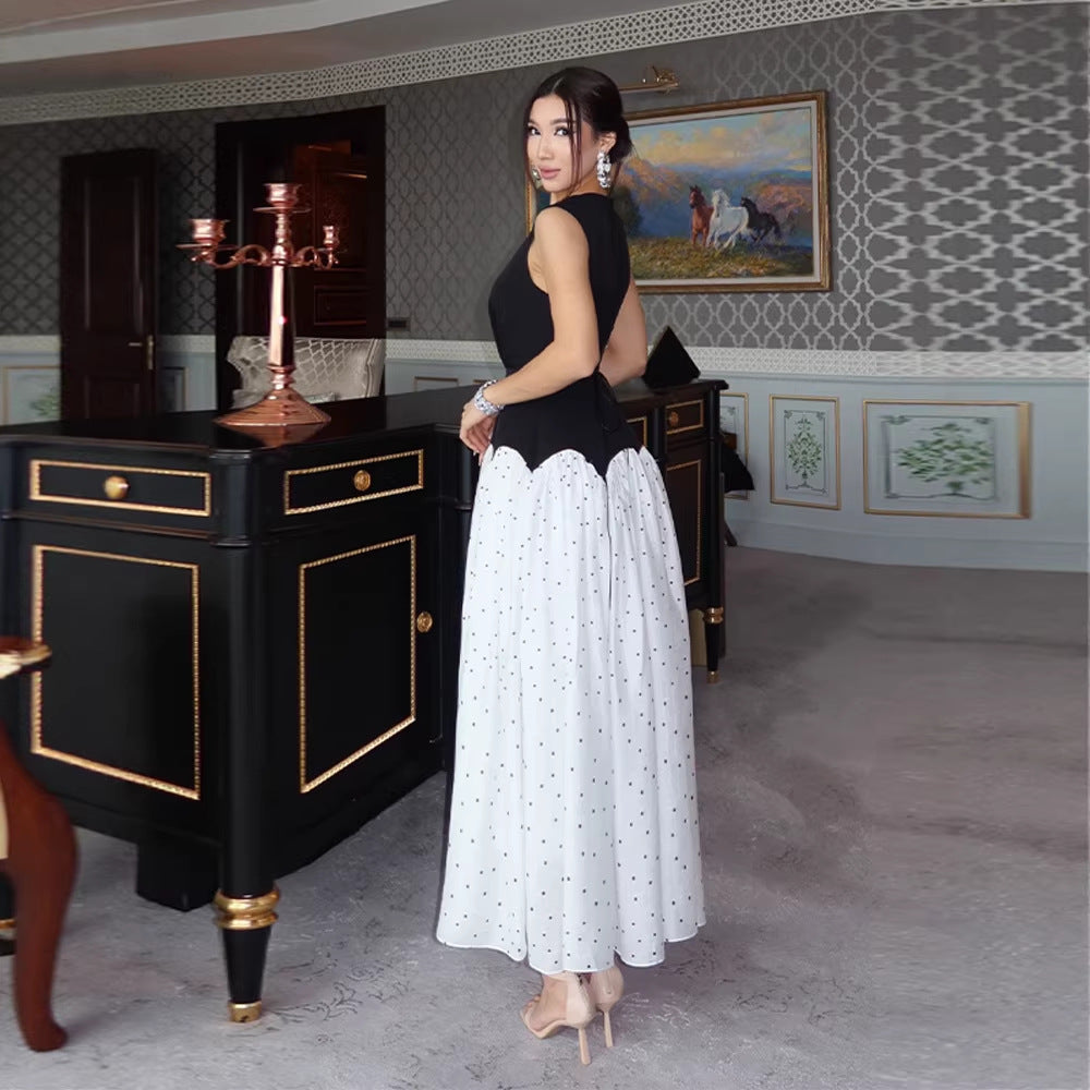 Damen elegantes Maxikleid mit gepunktetem Rockteil und tailliertem Oberteil Drune