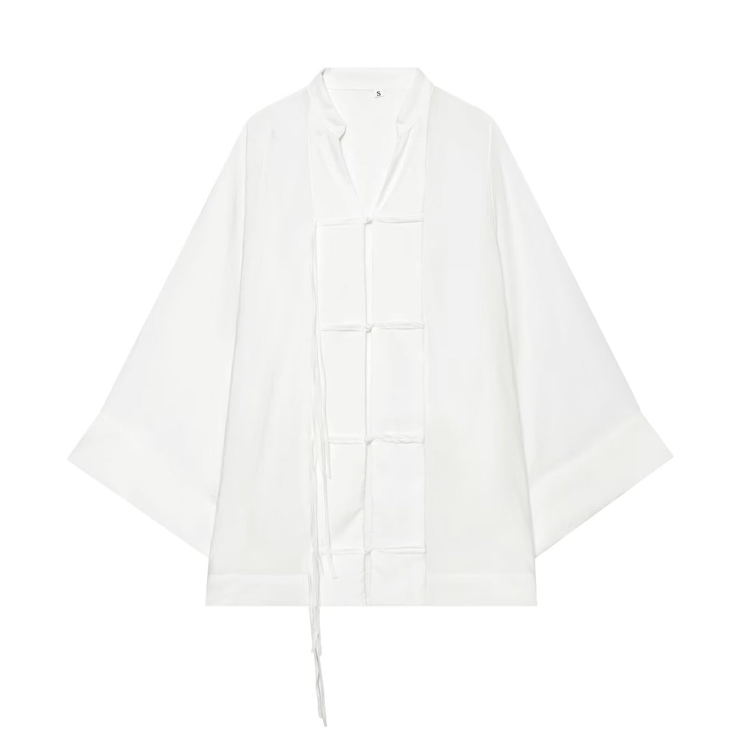 Damen Oversize-Kimonojacke mit Zierknoten und langen Quastenbändern Drune