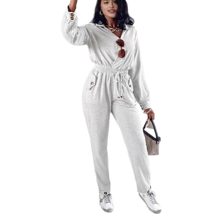 Damen Lässiger Jersey-Overall mit Wickelkragen, Kordel-Taille und aufgesetzten Knopf-Taschen Drune