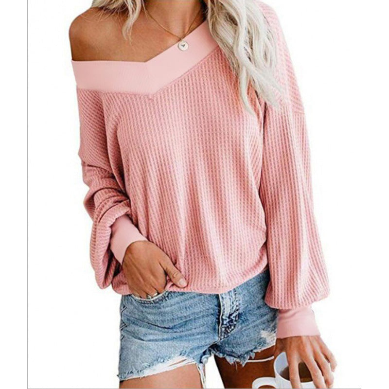 Damen Off‑Shoulder Waffelstrickpullover mit weitem Arm und elastischen Bündchen Drune