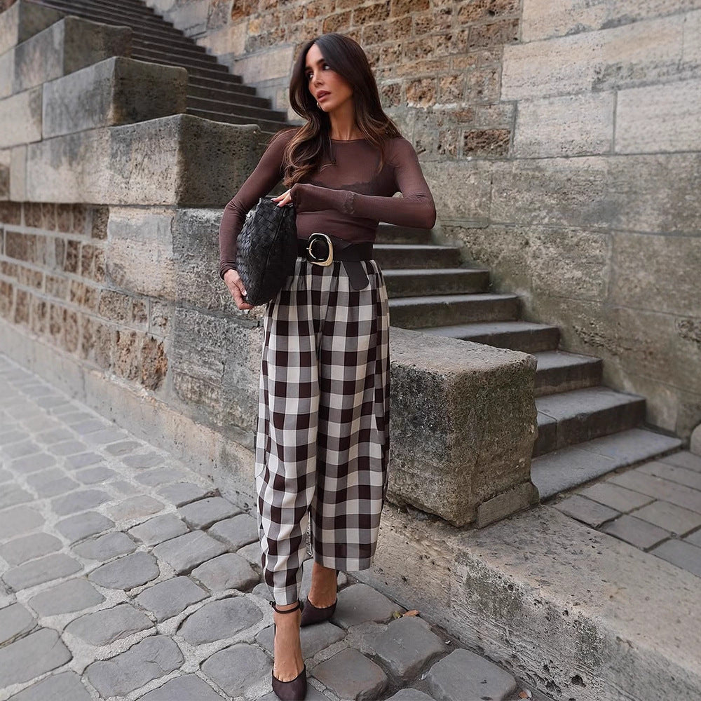 Damen Karo-Hochtaillierte Palazzo-Hose mit weitem Bein & Bundfalten Drune