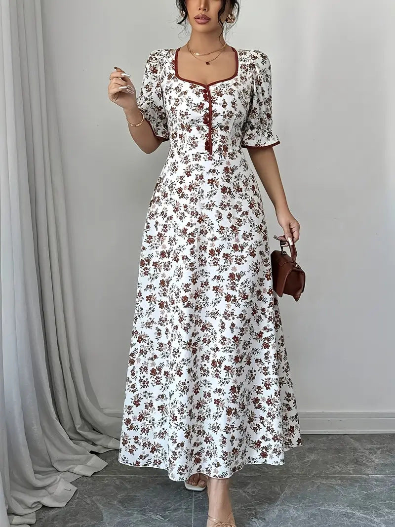 Damen Maxikleid mit eleganter Knopfleiste und romantischen Blumenmuster Drune