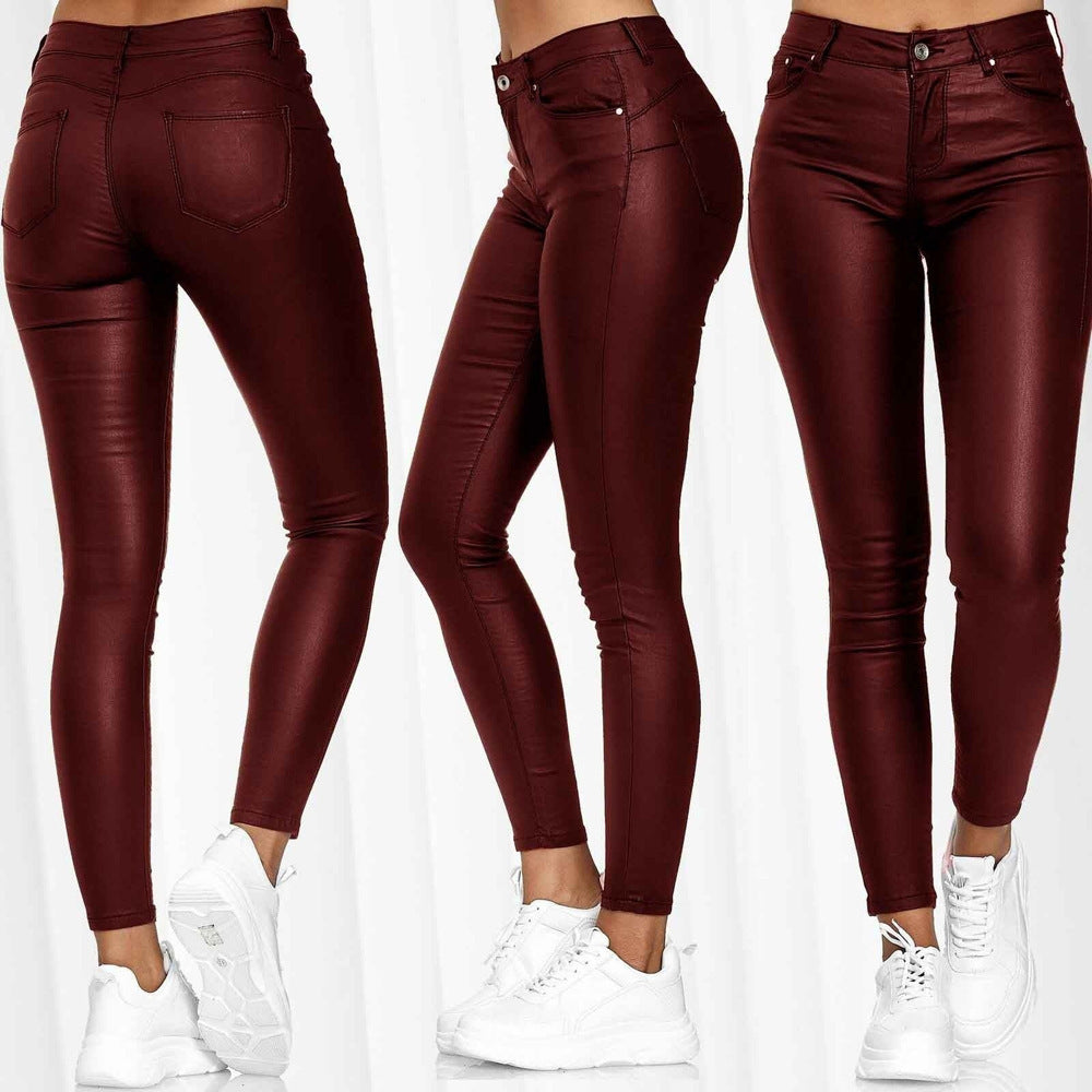 Damen glänzende High-Waist-Leggings im Lederlook Drune