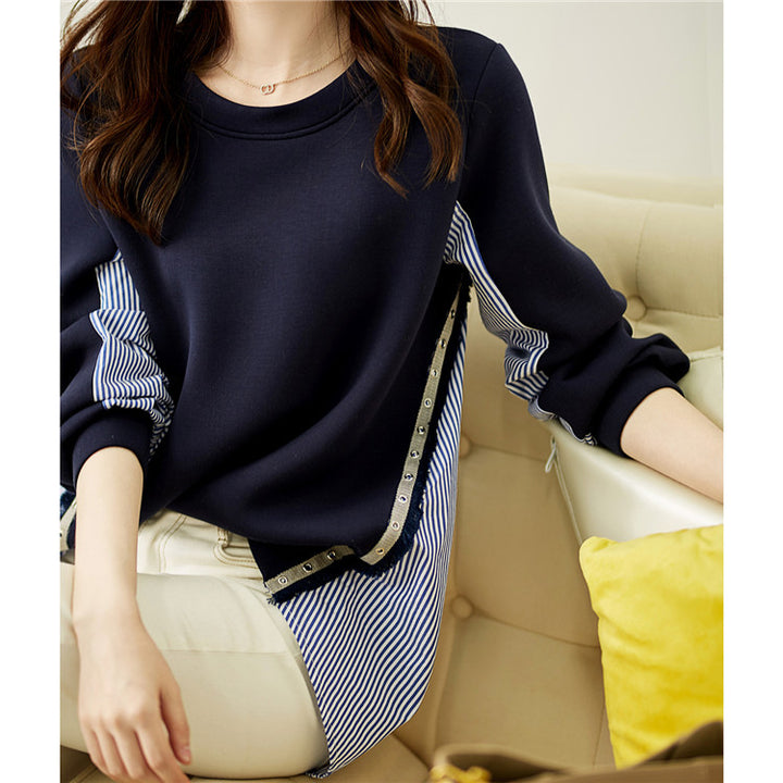 Damen nan Lagenlook-Sweatshirt mit gestreiftem Hemdsaum, Zierriegeln und verlängertem Rückteil Drune