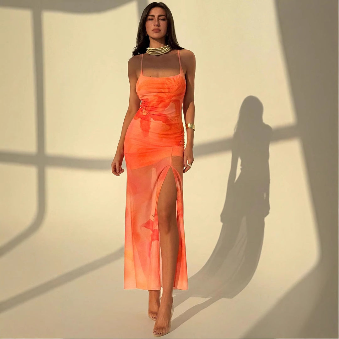 Damen Maxikleid mit seitlichem Schlitz und floralen Akzenten Drune
