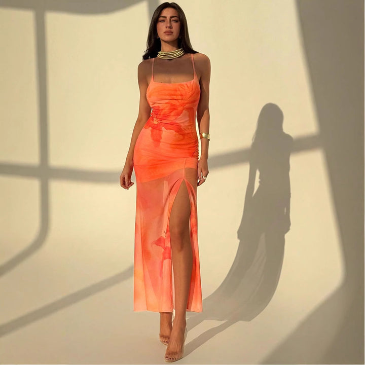 Damen Maxikleid mit seitlichem Schlitz und floralen Akzenten Drune