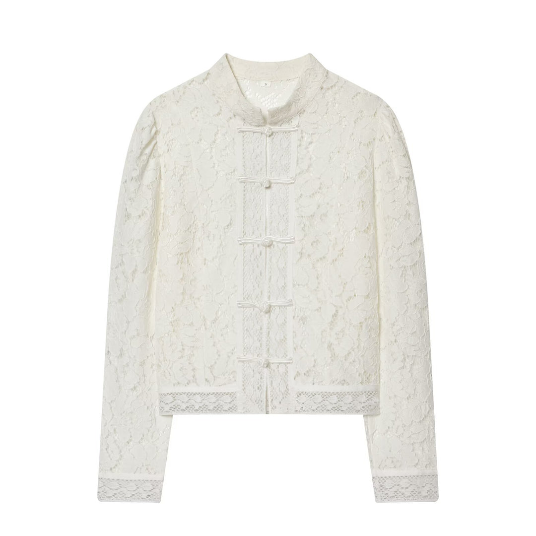 Damen Spitzenjacke mit Stehkragen und chinesischen Knotenverschlüssen Drune