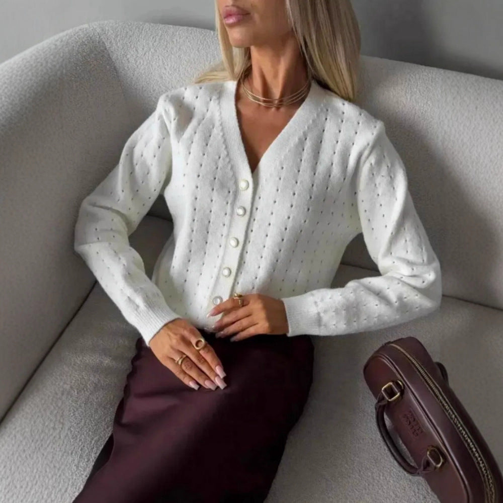 Damen Modische Strickjacke mit V-Ausschnitt und Knopfdetail Drune
