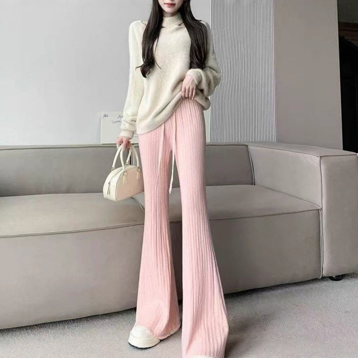 Damen lässige Strickpullover mit hochschließendem Kragen und weit geschnittenen Hosen Drune