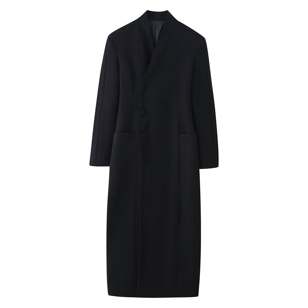Damen 100+ langer taillierter Mantel mit Stehkragen, verdeckter Knopfleiste und aufgesetzten Taschen Drune