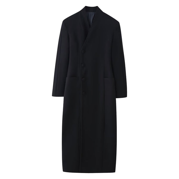 Damen 100+ langer taillierter Mantel mit Stehkragen, verdeckter Knopfleiste und aufgesetzten Taschen Drune
