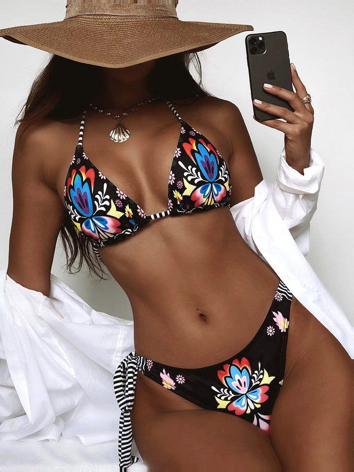 Damen Triangel-Bikini mit floralen Motiven und seitlichem Knotendetail Drune