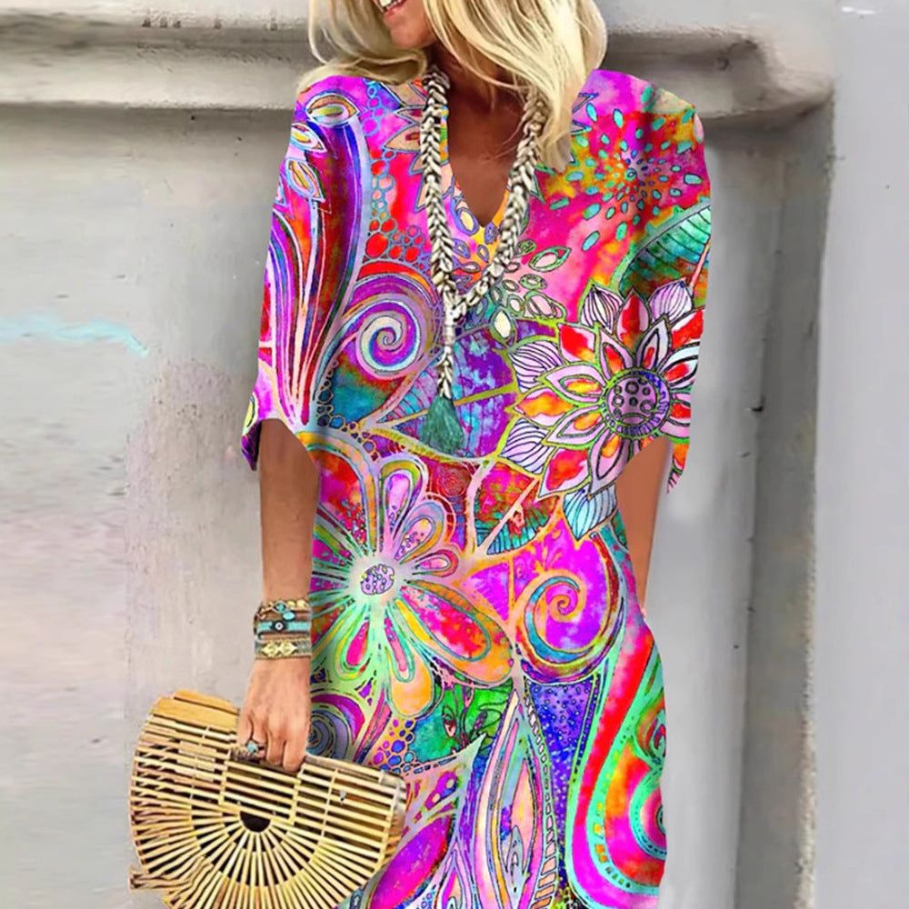 Damen nan luftiges Boho-Kaftankleid mit V-Ausschnitt, lockerem Fall und kurzen Fledermausärmeln Drune
