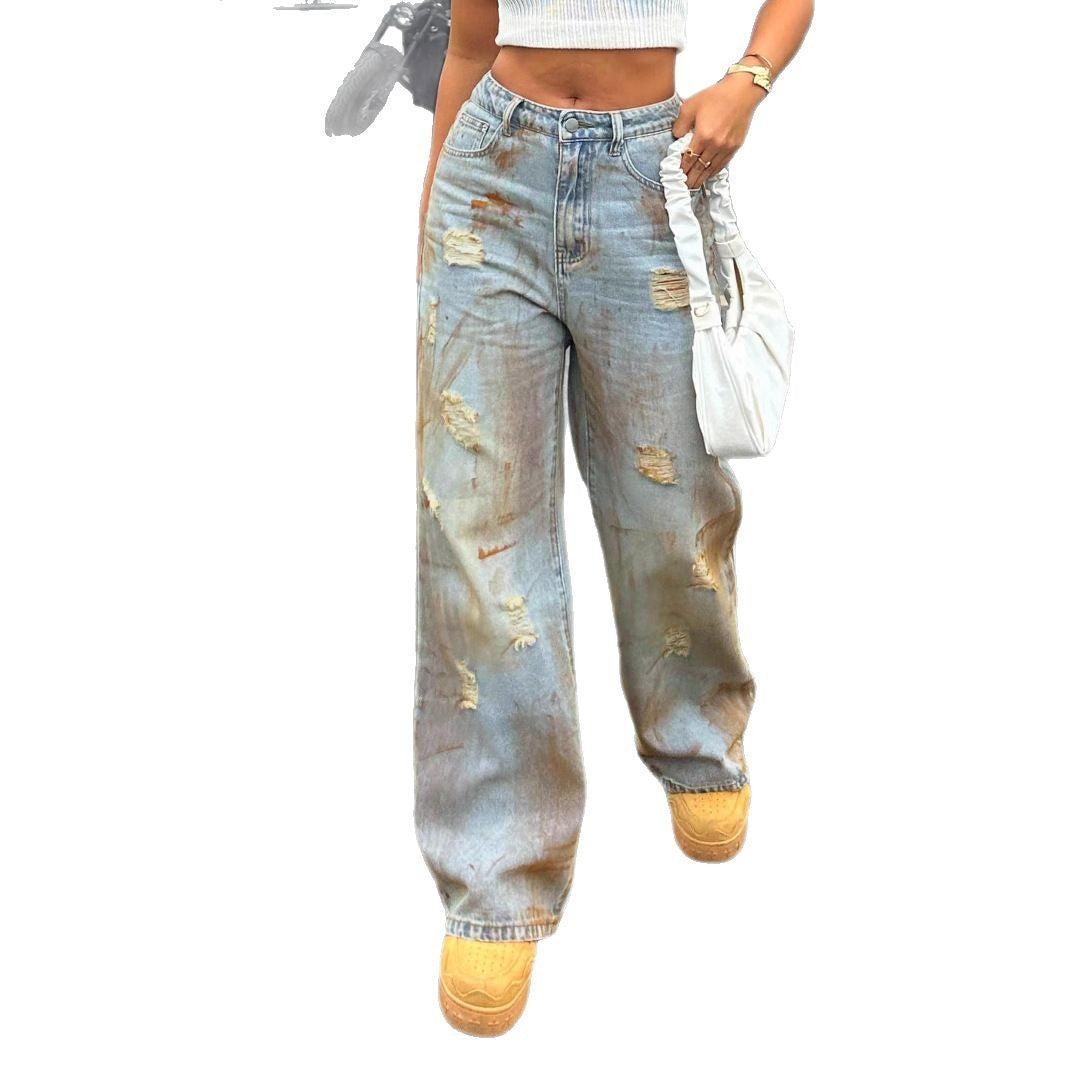 Damen Hochgeschnittene weitgeschnittene Destroyed-Jeans mit Rost-Effekt und legerer Passform Drune