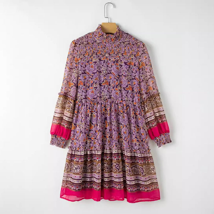 Damen Boho-inspiriertes Midi-Kleid mit elastischem Taillenbund und voluminösen Ärmeln Drune