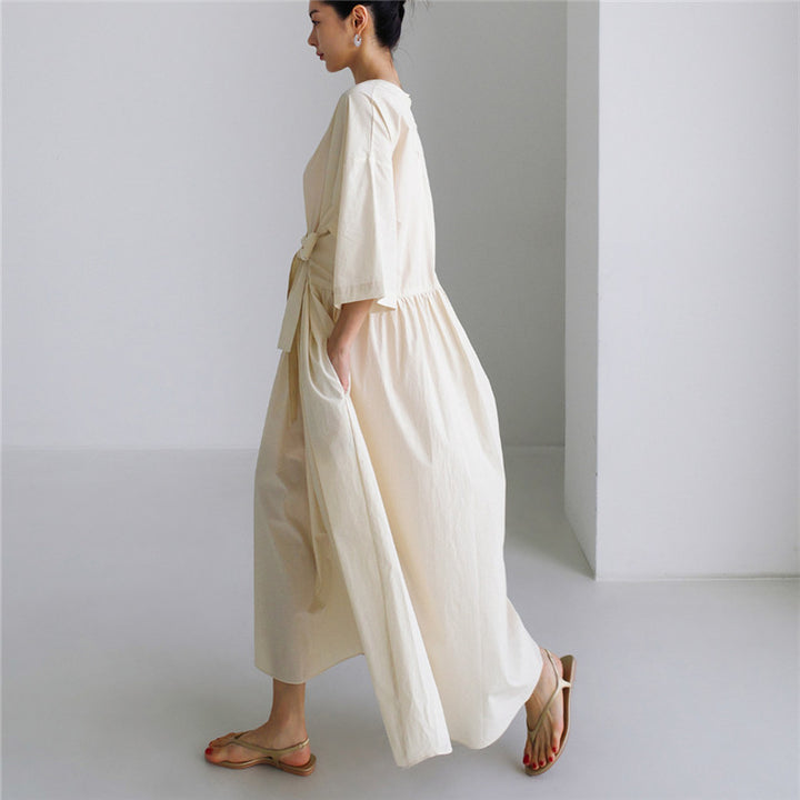 Damen Langes Baumwoll-Maxikleid mit Wickelgürtel und Eingrifftaschen Drune