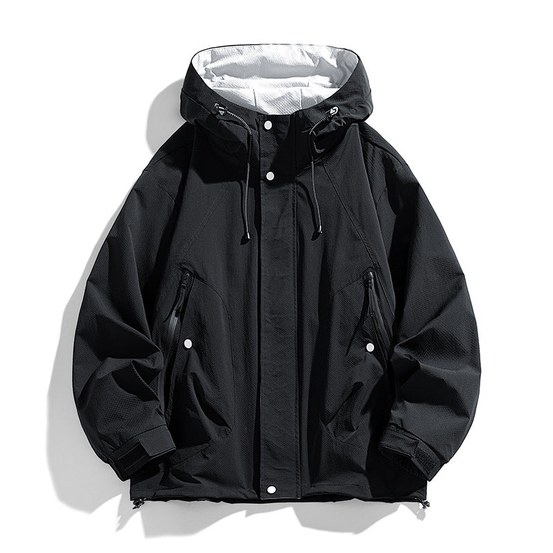 Unisex leichte winddichte Outdoorjacke mit Kapuze, wasserabweisender Außenhülle und verstellbarem Saum Drune