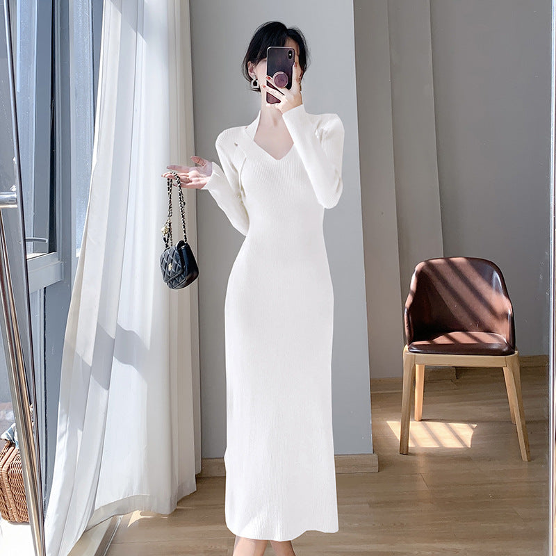 Damen Strickkleid mit V-Ausschnitt und seitlichen Schlitzen Drune