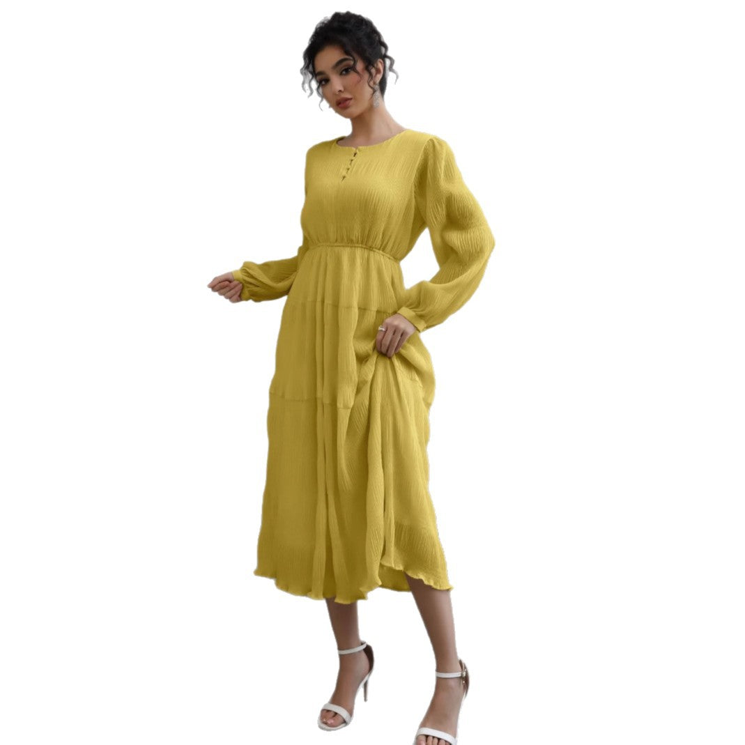 Damen Midikleid aus Crêpe mit Stufenrock, geraffter Taille und Ballonärmeln Drune