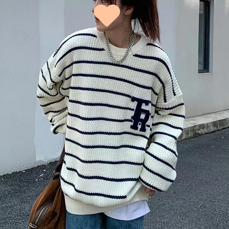 Damen lässiger Oversized-Pullover mit gebrochenen Streifen und Brusttasche Drune