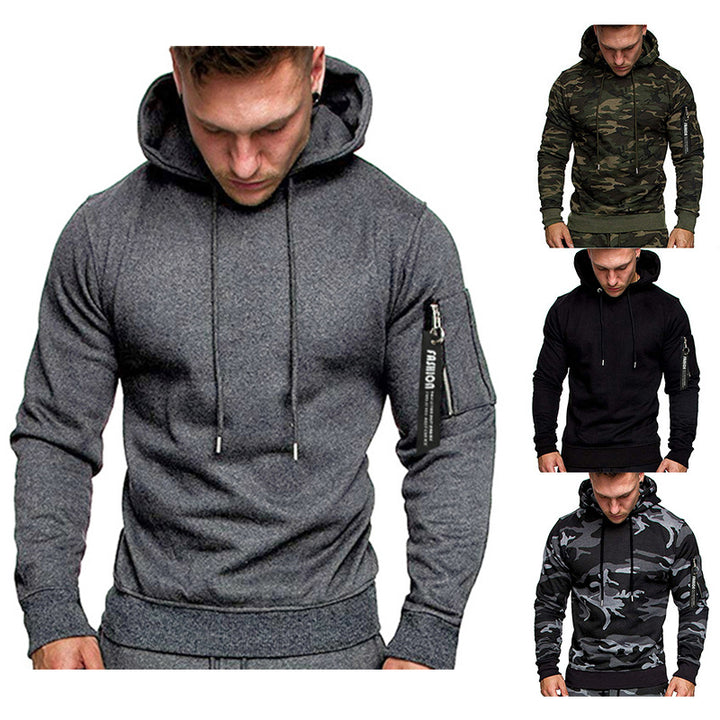 Herren Slim-Fit Hoodie mit Ärmel‑Zip‑Tasche, Kapuze und Kordelzug Drune