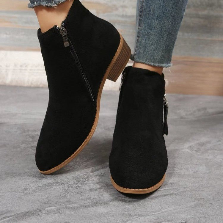 Damen nan klassische knöchelhohe Microvelours-Stiefelette mit seitlichem Reißverschluss und niedrigem Blockabsatz Drune