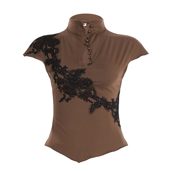 Damen Elegantes Poloshirt mit Spitzenapplikation und Knopfdetails Drune