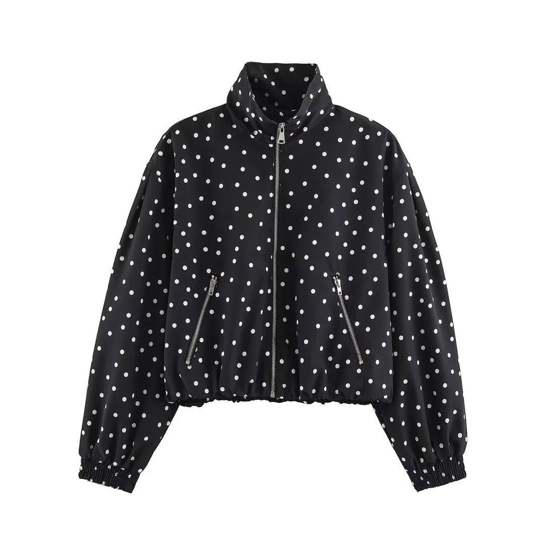 Damen nan gepunktete, taillenkurze Bomberjacke mit Stehkragen, Reißverschluss-Taschen und elastischem Saum Drune
