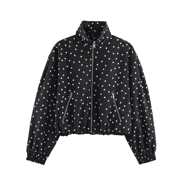 Damen nan gepunktete, taillenkurze Bomberjacke mit Stehkragen, Reißverschluss-Taschen und elastischem Saum Drune