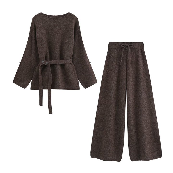 Damen Zweiteiliges Strick-Lounge-Set mit Taillengürtel und weiter Palazzo-Hose Drune