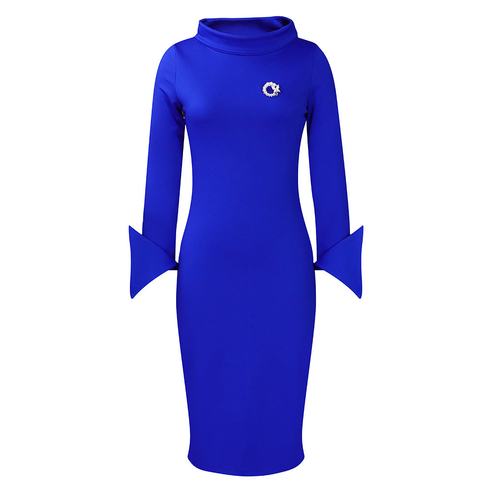 Damen elegantes Midi-Kleid mit hochstehendem Kragen und auffälligen Glockenärmeln Drune