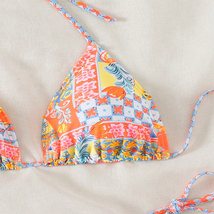 Damen Triangel-Bikini-Set mit verspielt floralem Muster und verstellbaren Bindebändern Drune