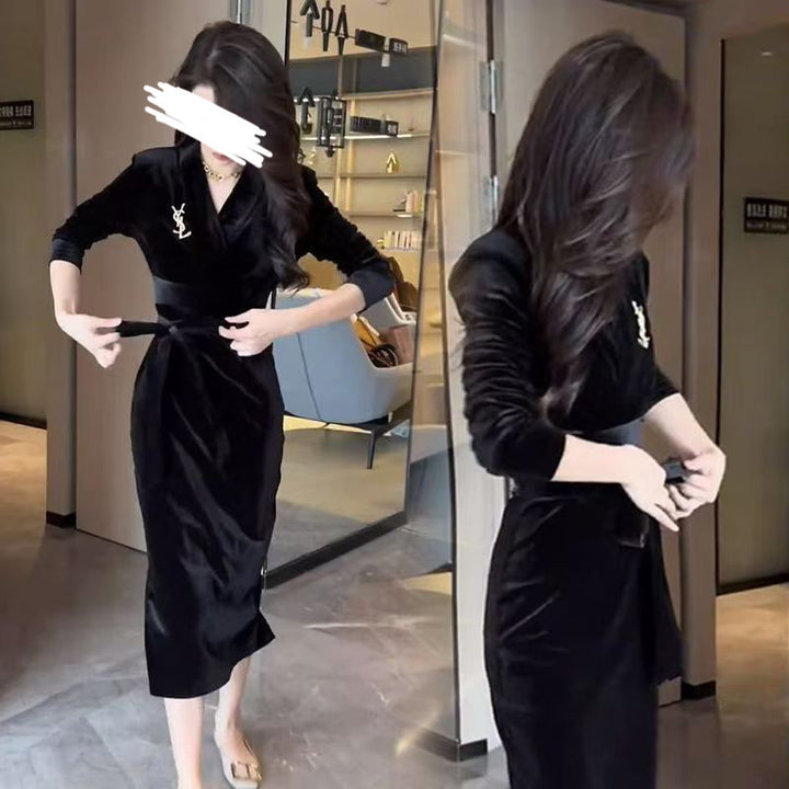 Damen Langarmkleid mit elegantem Wickeldesign und schickem Rüschensaum Drune