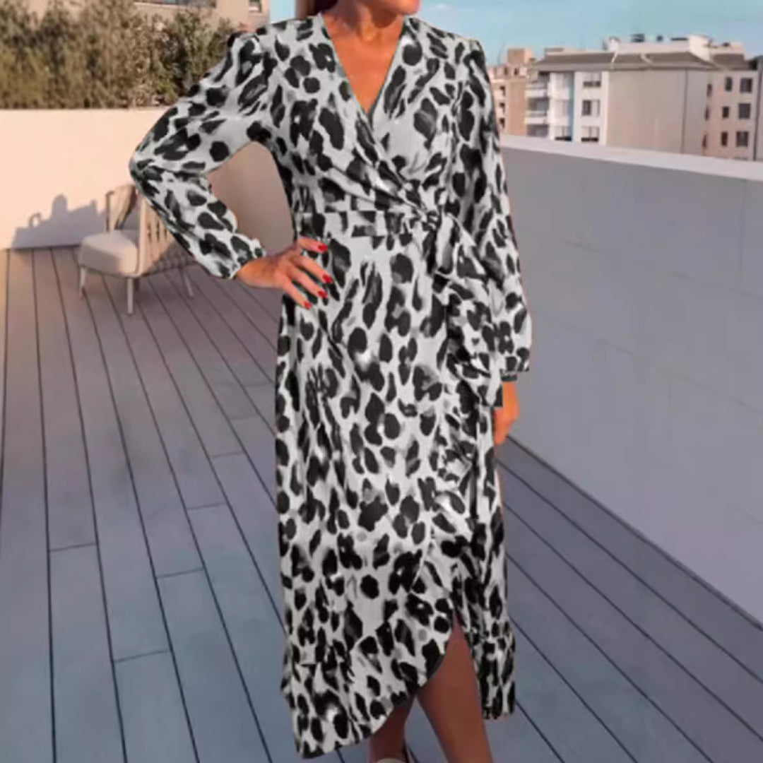 Damen nan Wickelmidikleid mit Taillenbindung, V-Ausschnitt, Ballonärmeln und asymmetrischem Saum Drune