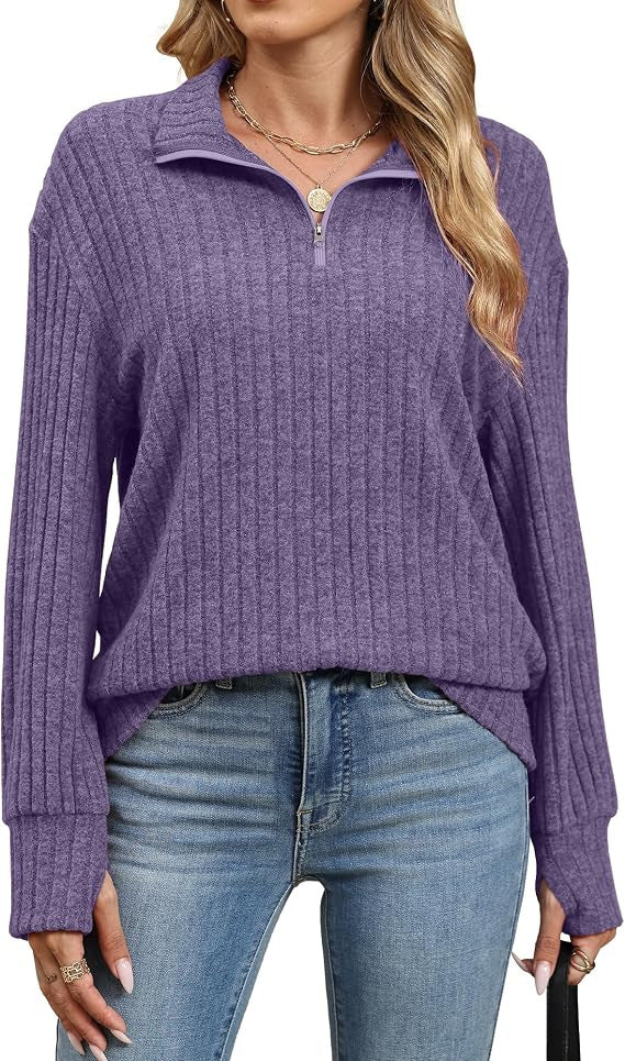 Damen Gerippter Halfzip-Pullover mit Stehkragen und Relaxed-Fit Drune