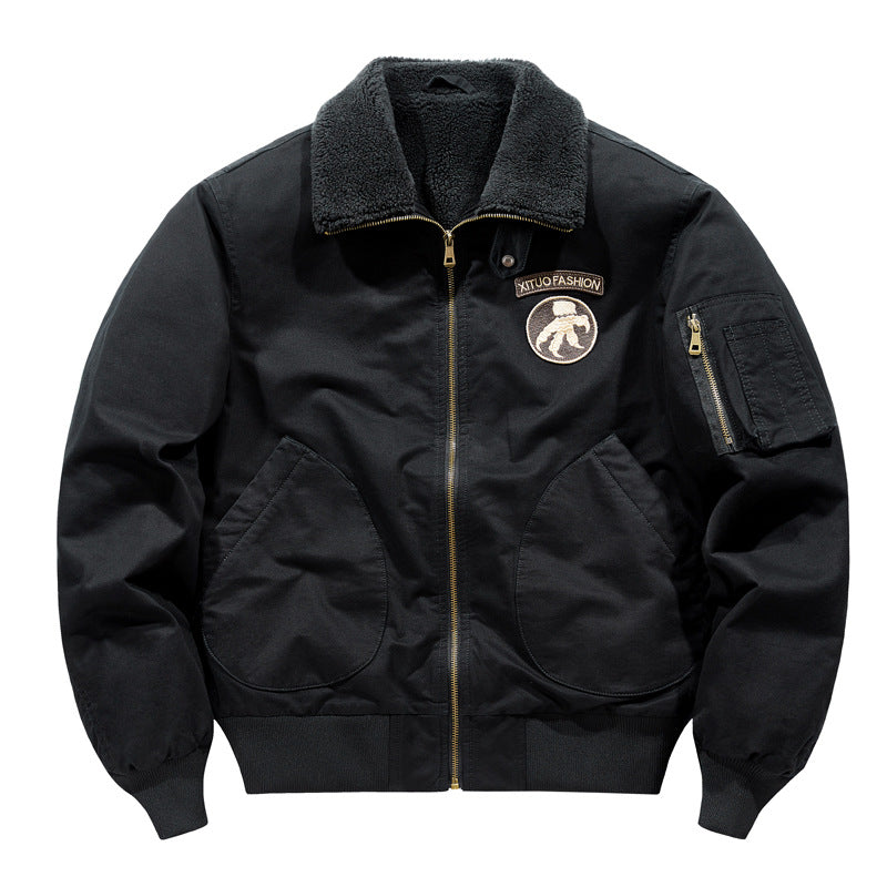 Men's  shearling-collar aviator bomber jacket with utility sleeve pocket Drune
