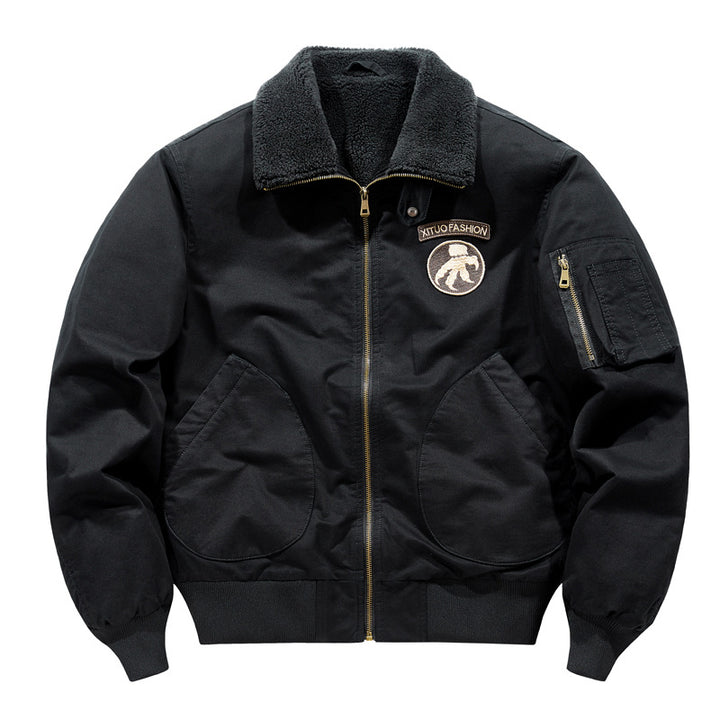 Men's  shearling-collar aviator bomber jacket with utility sleeve pocket Drune