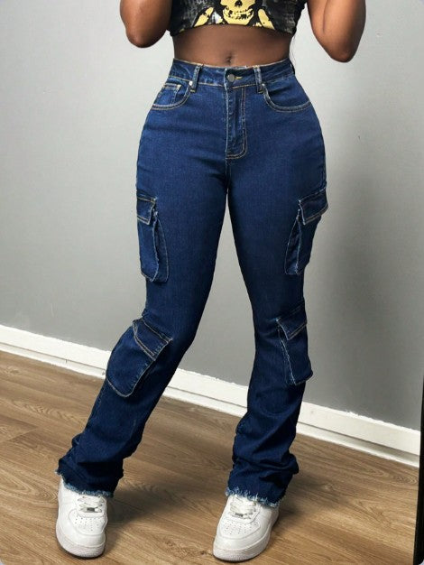 Damen Hochtaillierte Cargo-Jeans mit Mehrfach-Pattentaschen & ausgestelltem Saum Drune