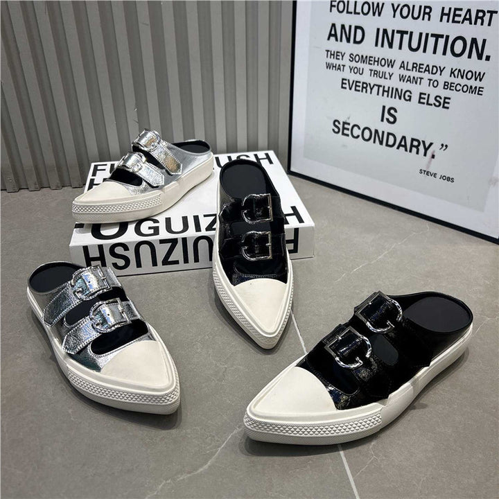 Damen Spitz zulaufende Mule‑Sneaker mit doppelten Schnallenriemen und flacher Plateausohle Drune