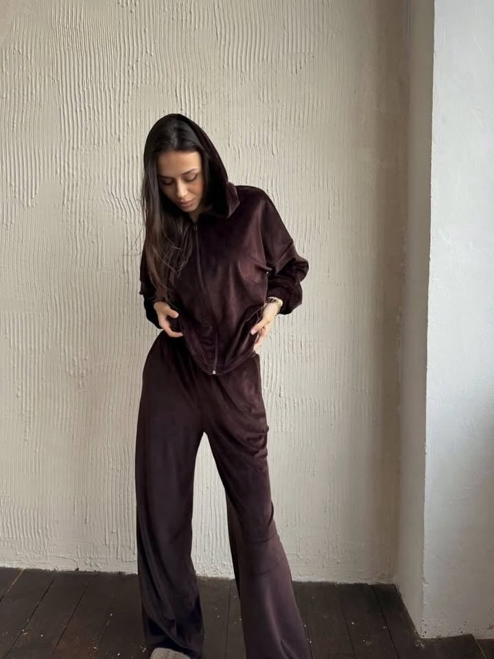 Damen luxuriöses Velours-Lounge-Set mit kurzem Reißverschluss-Hoodie und weitem High-Waist-Hose Drune