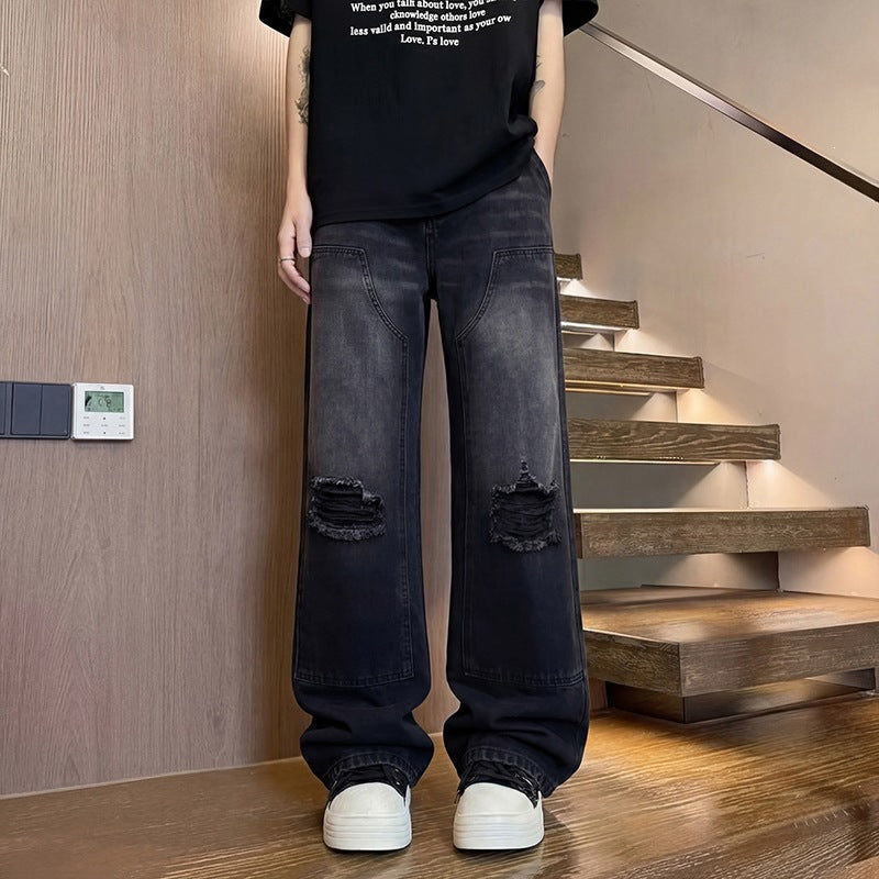 Herren Weite Baggy-Jeans mit Used‑Wash, Knie‑Rips & Utility‑Nähten Drune