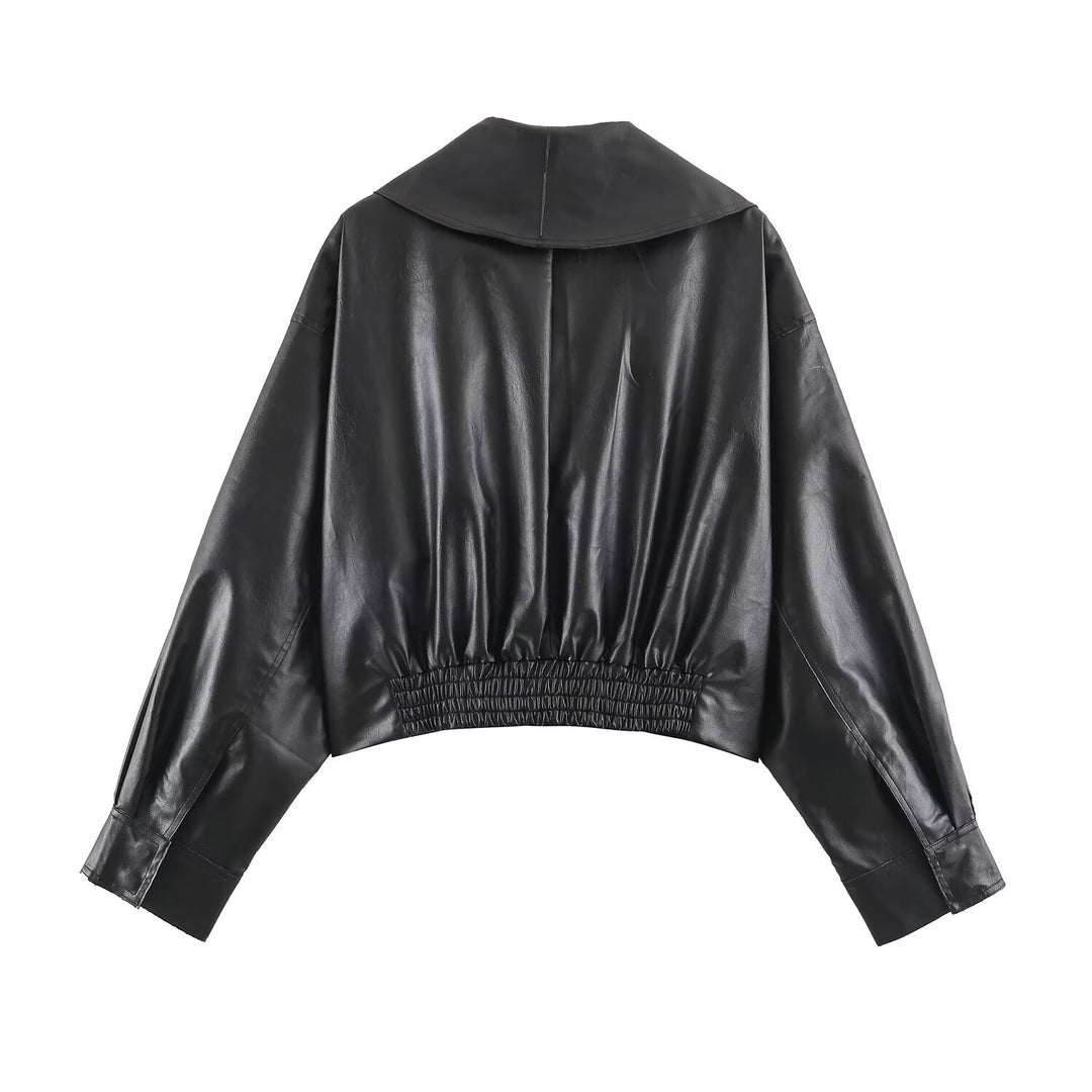 Damen Kurzer Kunstleder-Blouson mit übergroßem Schalkragen und Taillenriemen Drune