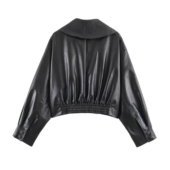 Damen Kurzer Kunstleder-Blouson mit übergroßem Schalkragen und Taillenriemen Drune