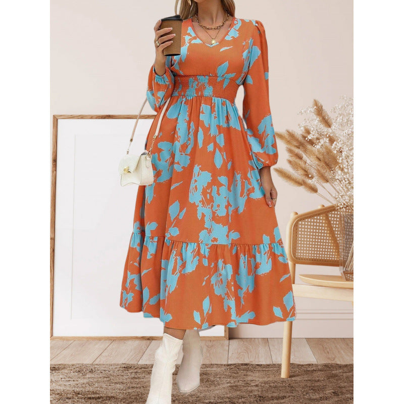 Damen Langarm Maxikleid mit floralen Mustern und voluminösen Ärmeln Drune
