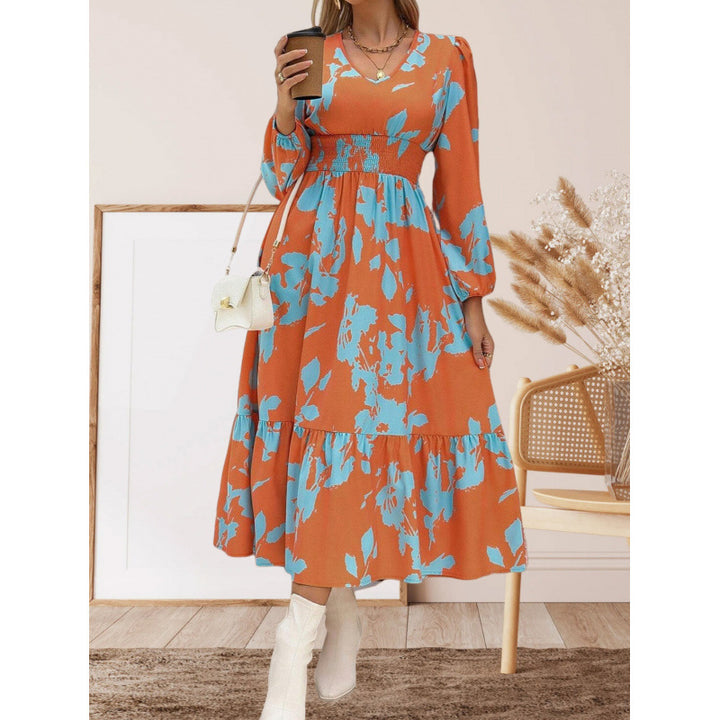 Damen Langarm Maxikleid mit floralen Mustern und voluminösen Ärmeln Drune